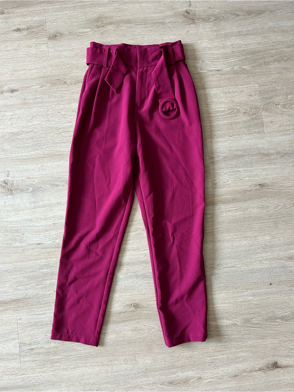 High-Rise Paperbag Trousers with Self-Tie Belt in Magenta